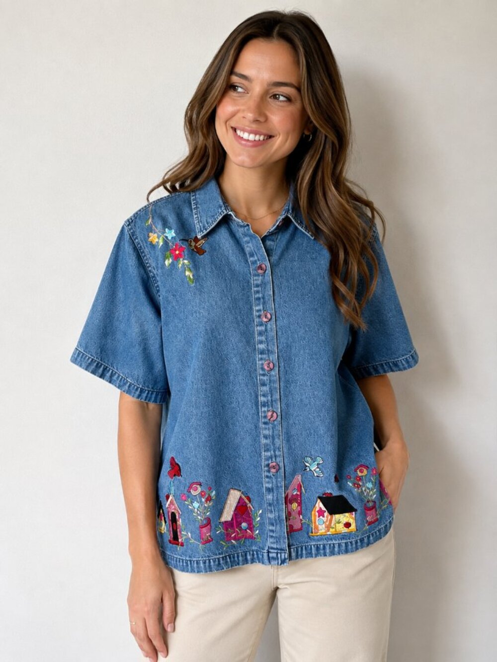 KEREN hart Vintage Denim Button Down Shirt Colorful Birdhouse Embroidery Large
